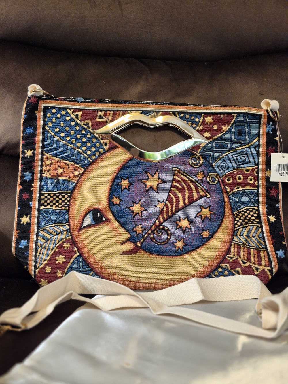 Moon & Stars Tapestry Tote Bag with Gold Lip Handle - Multi